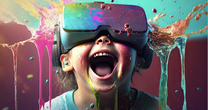 child engaged in digital learning through virtual reality handset