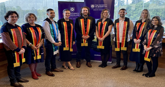 Image in header is Dr Mitchell Rom and Dr Hayley Williams (both pictured in the middle), together with graduating students at The University of Queensland’s Aboriginal and Torres Strait Islander Sashing Ceremony. The author has been given permission to use this image.