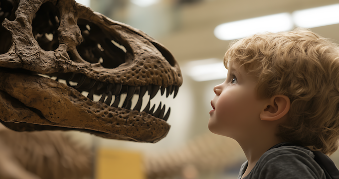 child paying attention to a dinosaur