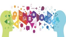 Image of two heads with various small objects to show communication representing discussions with AERO