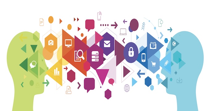 Image of two heads with various small objects to show communication representing discussions with AERO