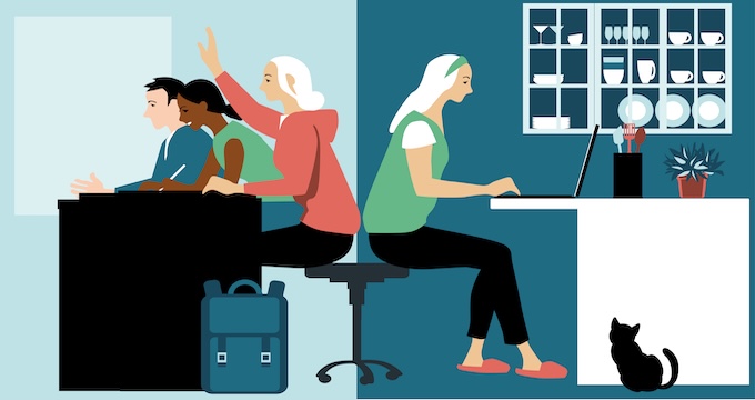 Illustration of Young adults participating in online learning, sharing their time between in-person classes and studying online from home, EPS 8 vector illustration
