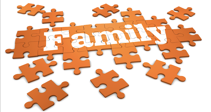 Image of orange jigsaw with the word Family. Some pieces are scattered